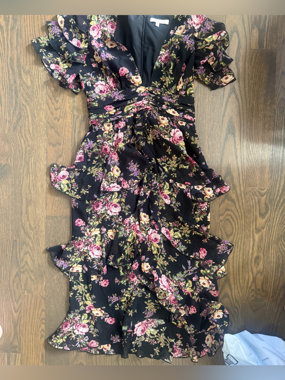 Wayf Black Floral Ruffle Maxi Dress